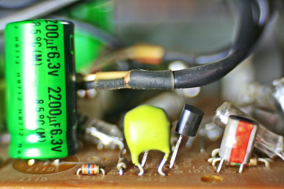 Components and connections on a circuit board.