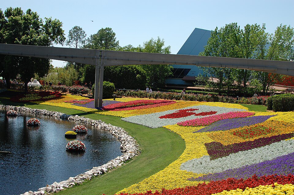 Distinct areas of color in a flower garden.