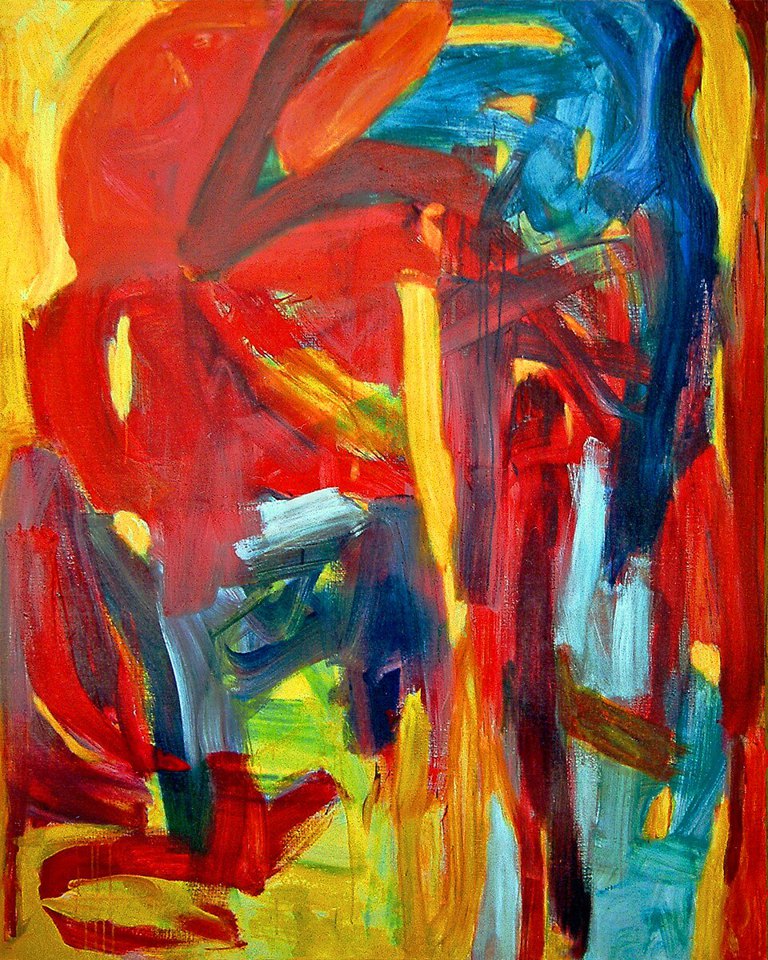 An abstract painting with contrasting patches of color.