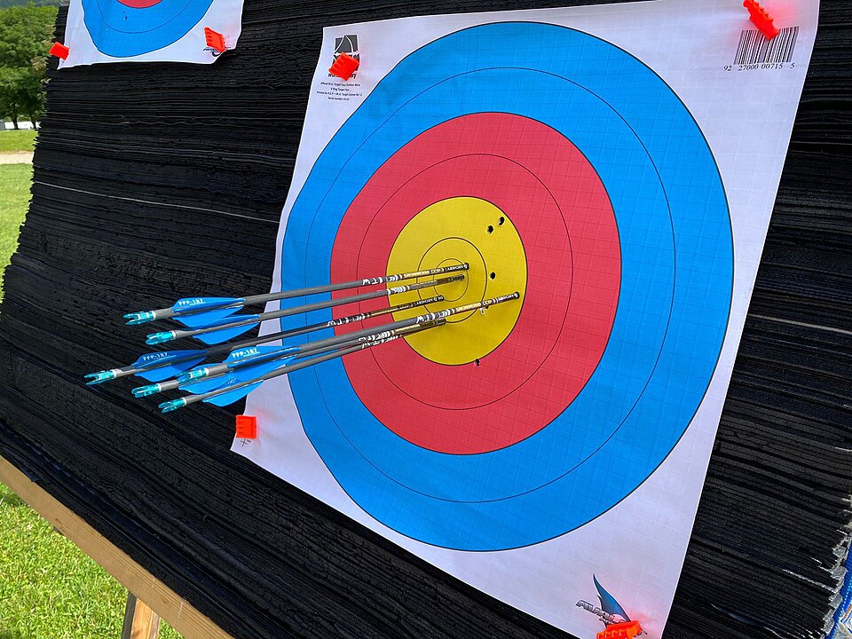Arrows grouped on an archery target.